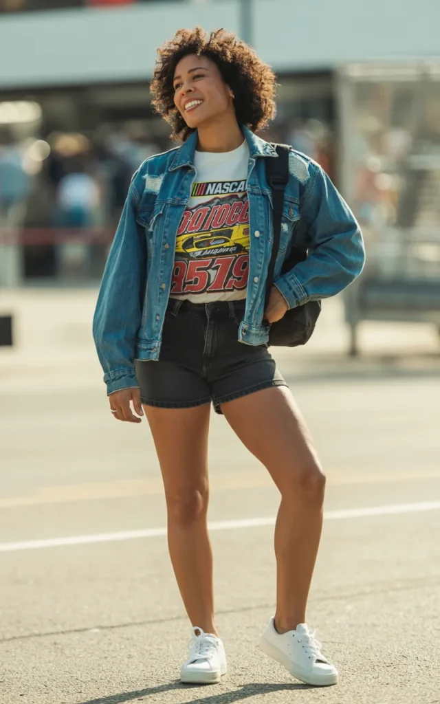 Wear a denim jacket over a racing-inspired outfit