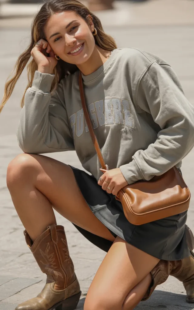 Wear a graphic sweatshirt with a leather mini skirt
