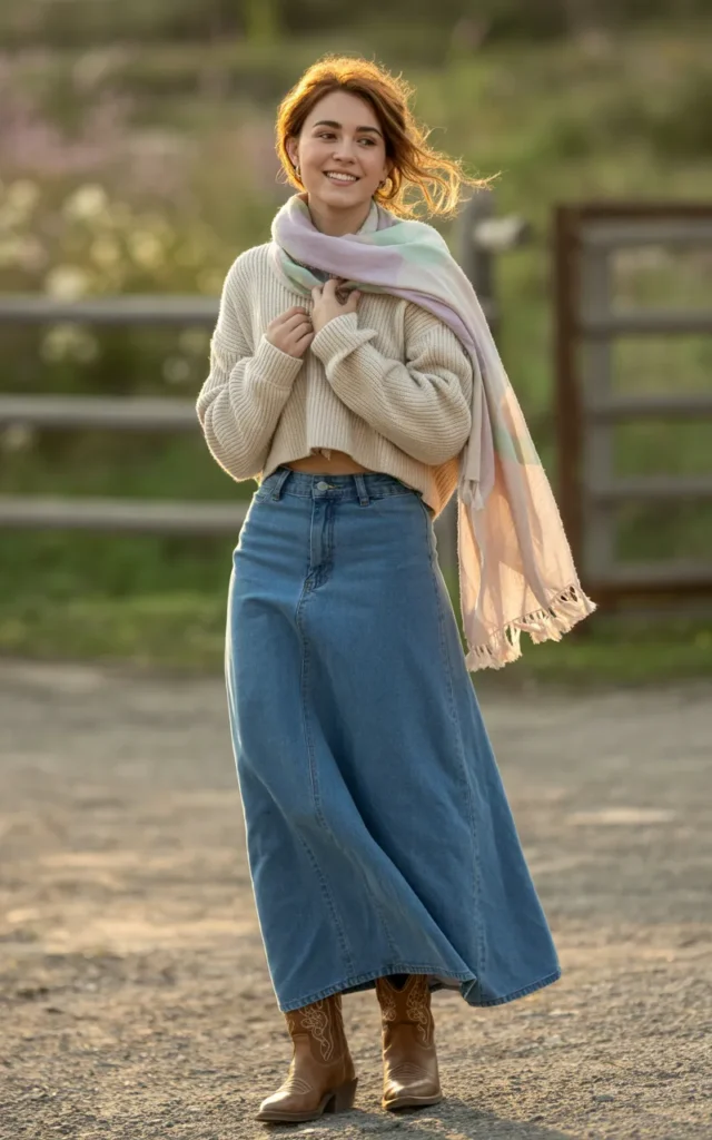 Wear a maxi denim skirt with a cropped sweater