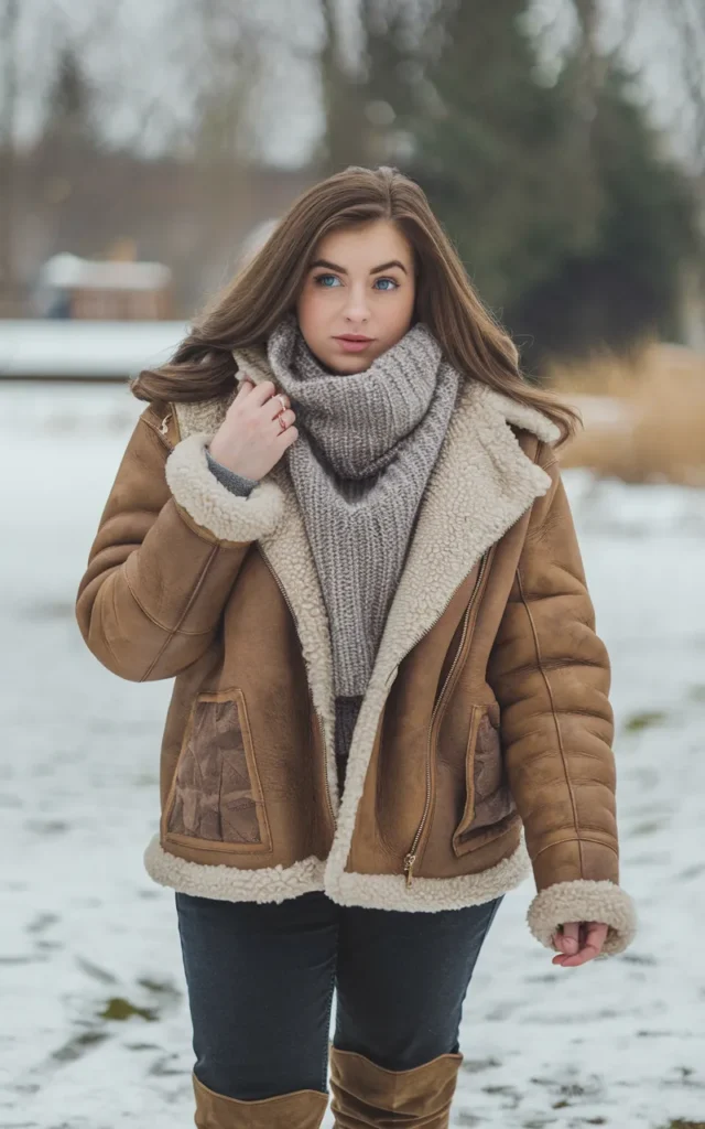 Wear a shearling jacket with dark denim and boots