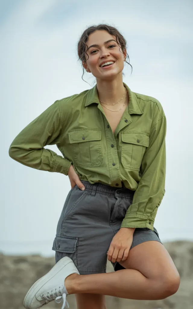 Wear a utility shirt with grey cargo shorts