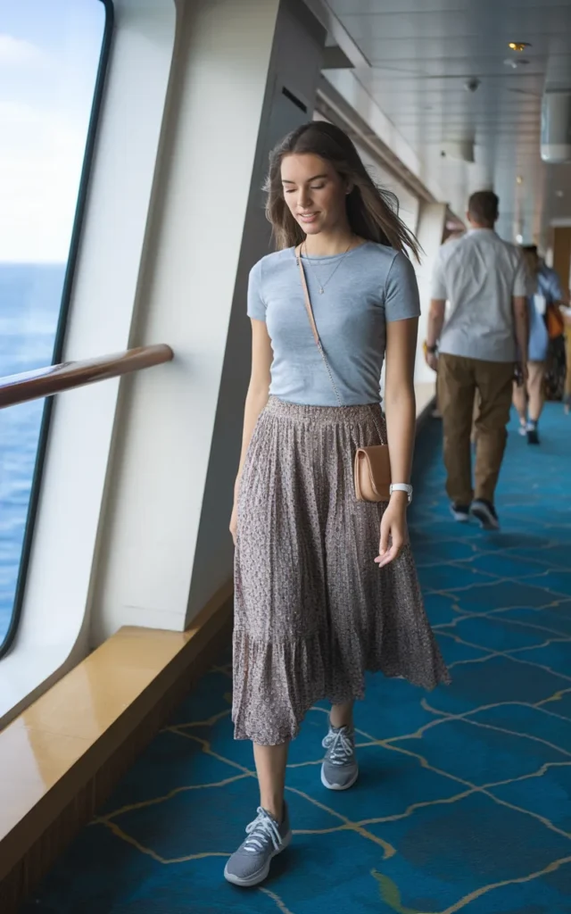 Combine a casual tee with a flowy printed skirt
