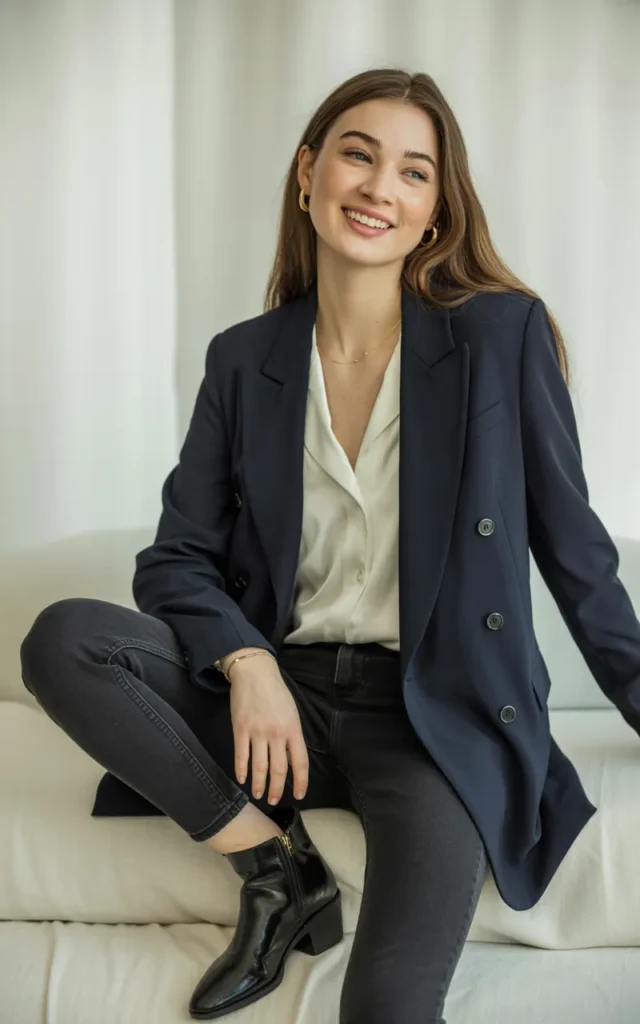 Combine a double-breasted blazer with skinny jeans