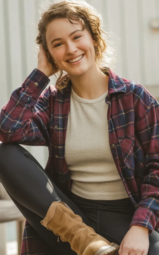 Combine a flannel shirt with a thermal top and black leggings