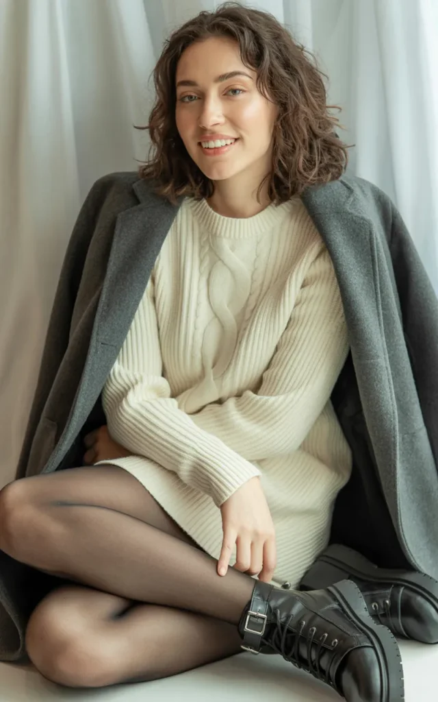 Combine a sweater dress with tights and combat boots