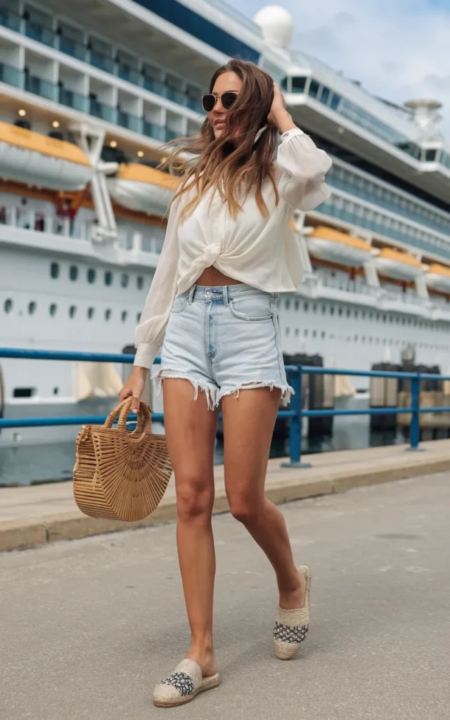 Combine denim shorts with a lightweight blouse