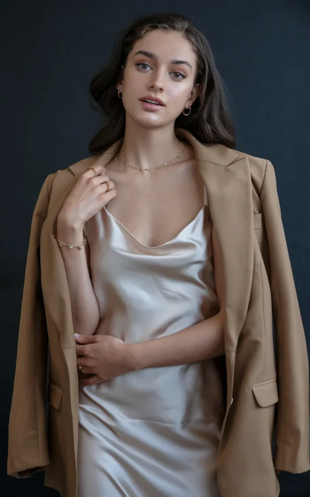 Layer a fitted blazer over a satin slip dress
