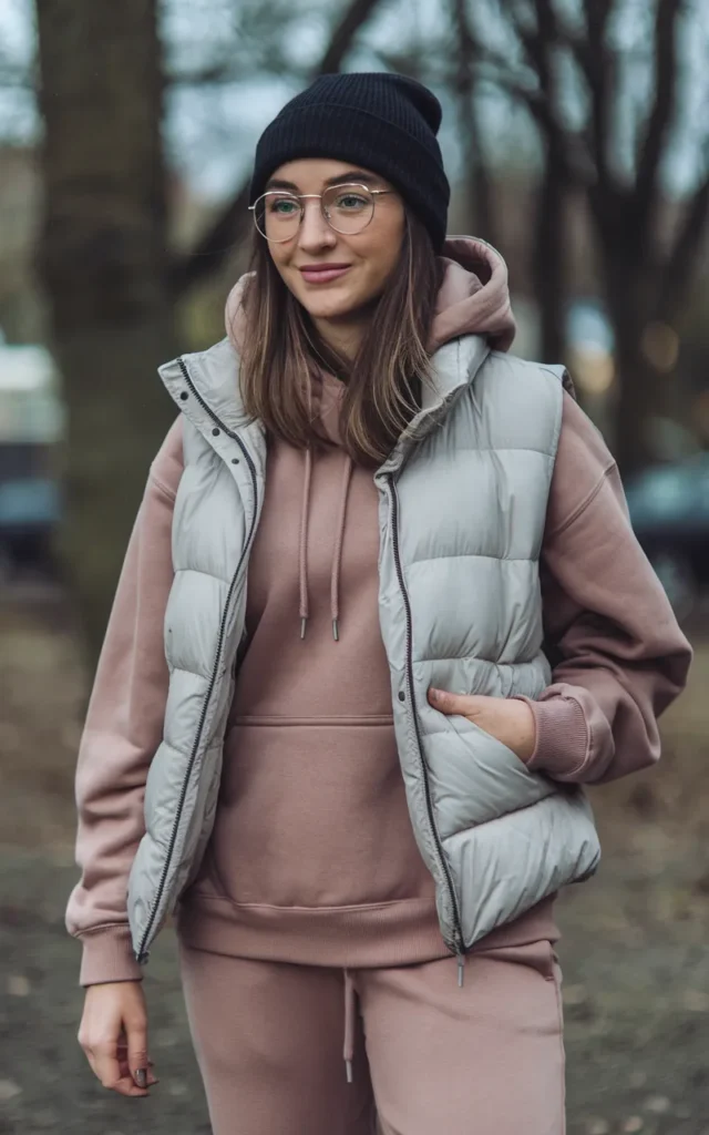 Layer a puffer vest over a hoodie and joggers