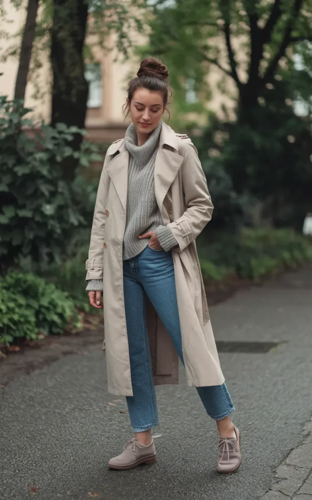 Layer a trench coat over a knit and jeans
