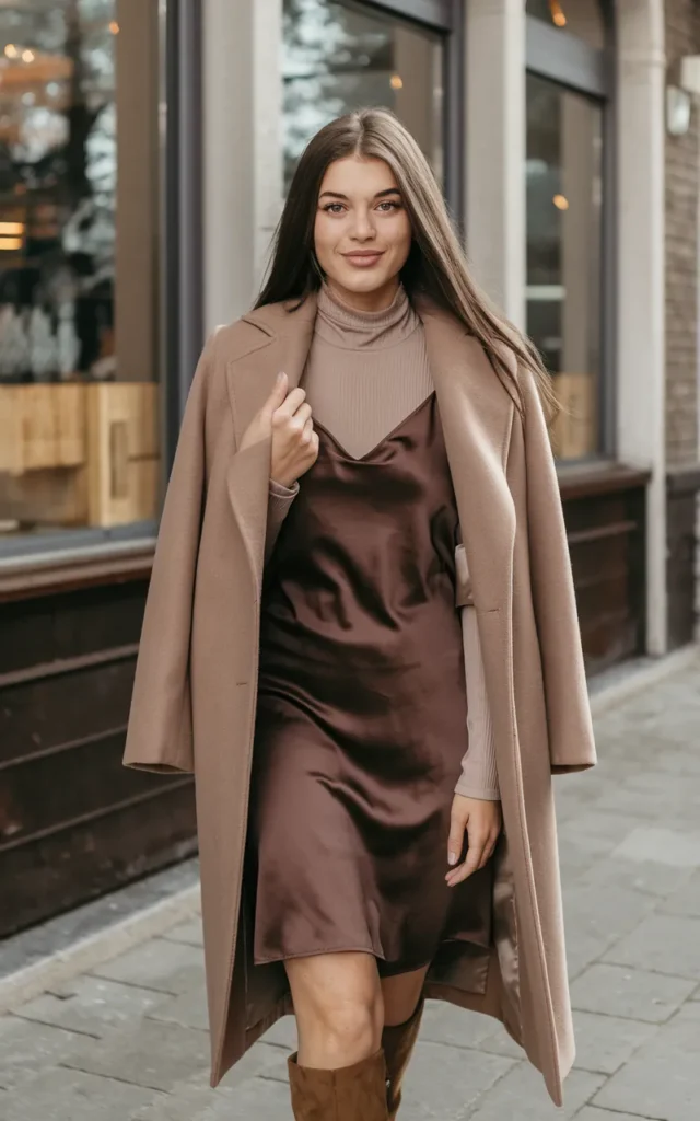 Layer a turtleneck under a slip dress with knee-high boots