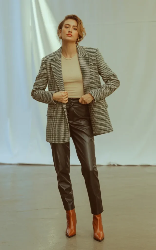 Pair a checked blazer with leather pants