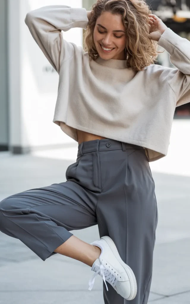 Pair a cropped sweater with high-waisted trousers and sneakers