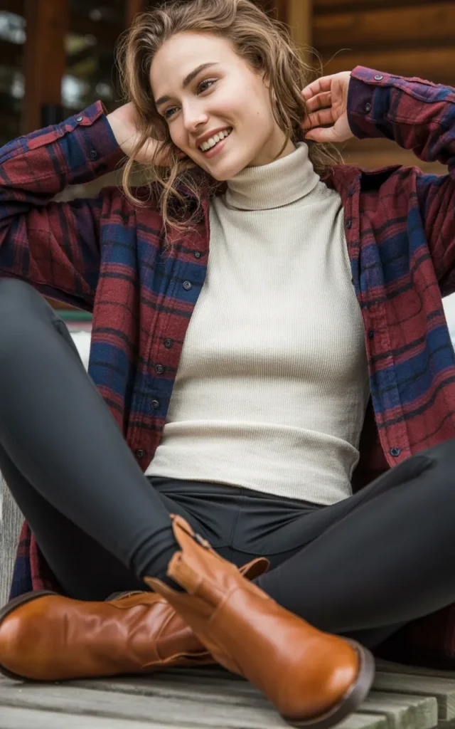 Pair a flannel shirt with a fitted turtleneck and leggings