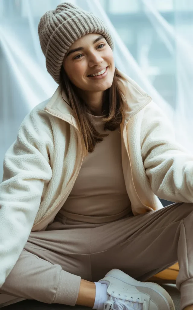 Pair a fleece jacket with joggers and a beanie