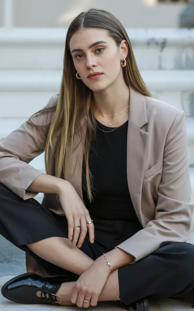 Pair a neutral blazer with monochrome all-black outfit