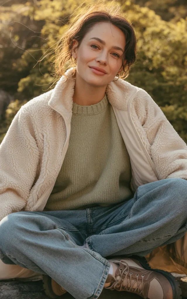 Pair a sherpa jacket with straight-leg jeans and hiking boots