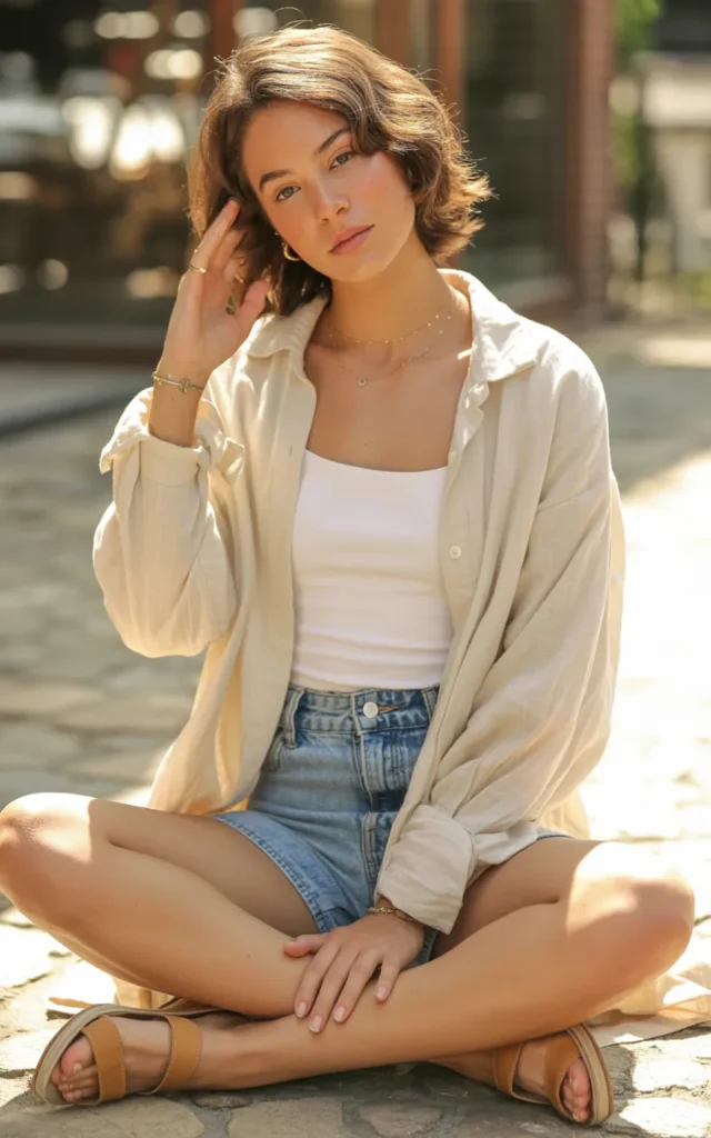 Pair denim shorts with a loose button-down shirt