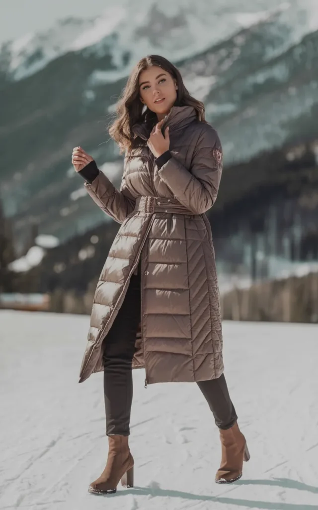 Style a belted puffer coat with heeled boots