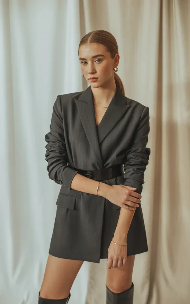 Style a blazer dress with knee-high boots