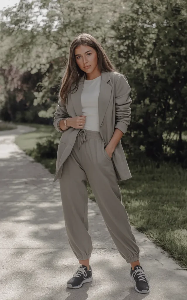 Style a blazer with joggers and sneakers