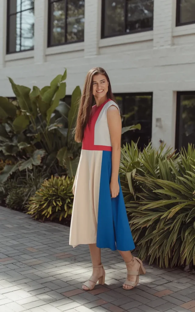 Style a color-block dress with neutral sandals