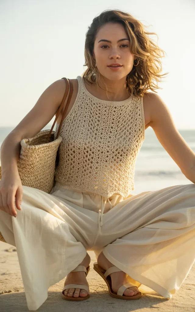 Style a crochet top with wide-leg pants