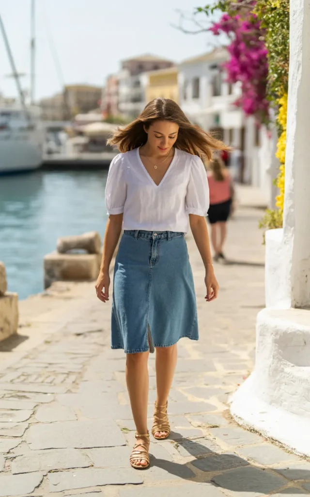 Style a denim skirt with a tucked-in blouse