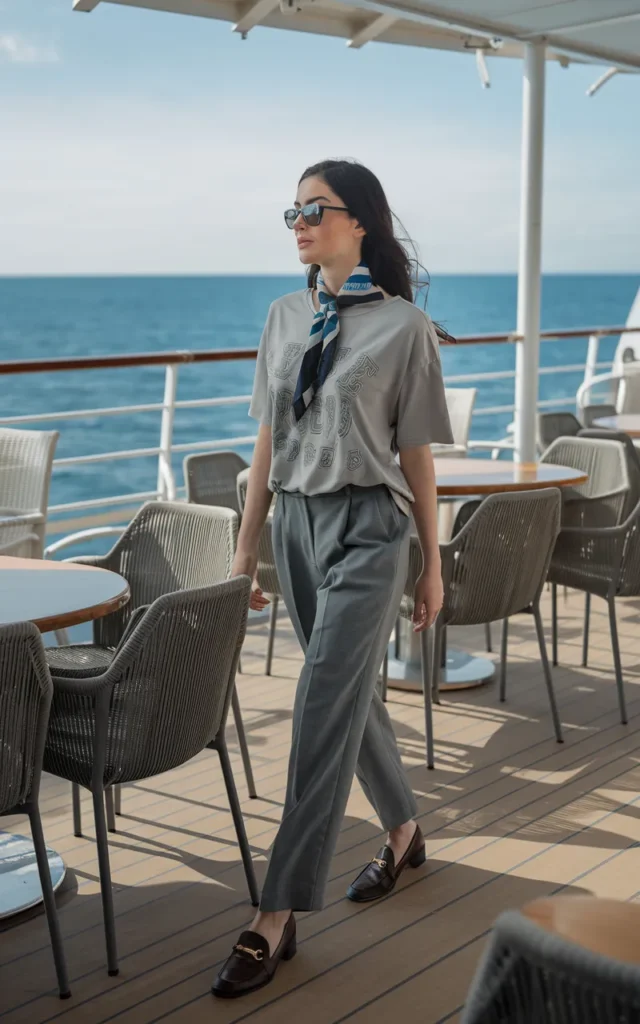 Style a graphic tee with a silk scarf and trousers