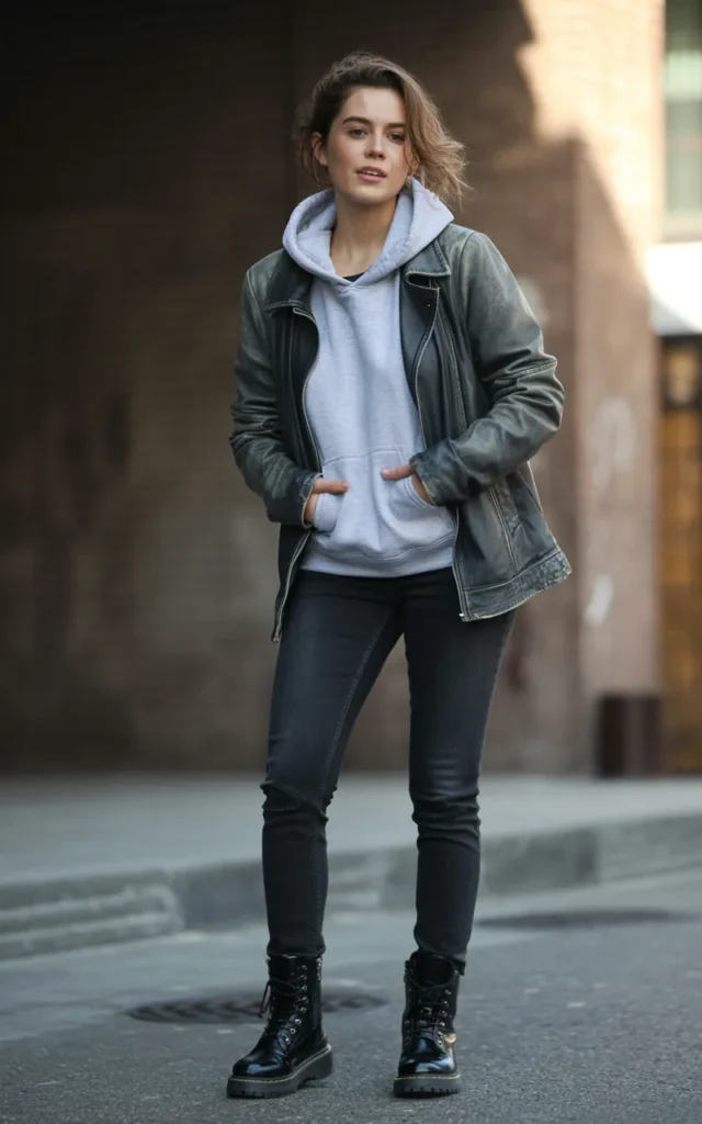 Style a hoodie with a leather jacket and black jeans