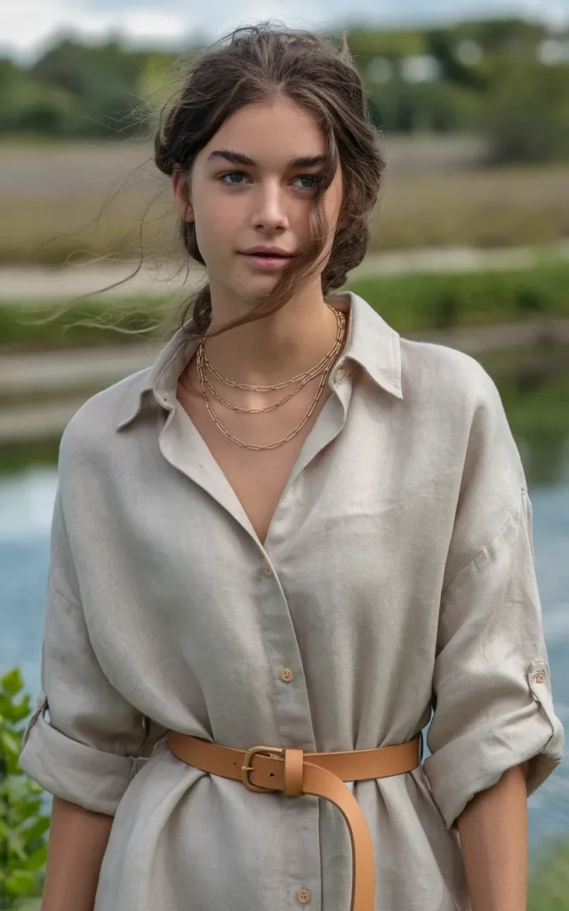 Style a linen shirt dress with a tan belt