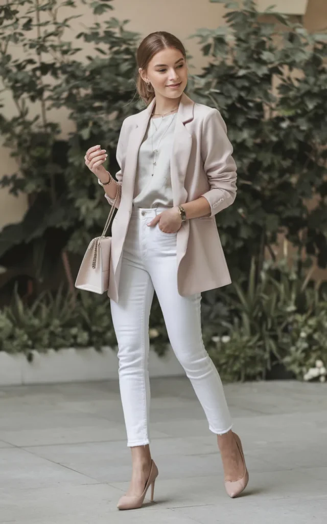 Style a pastel blazer with white jeans