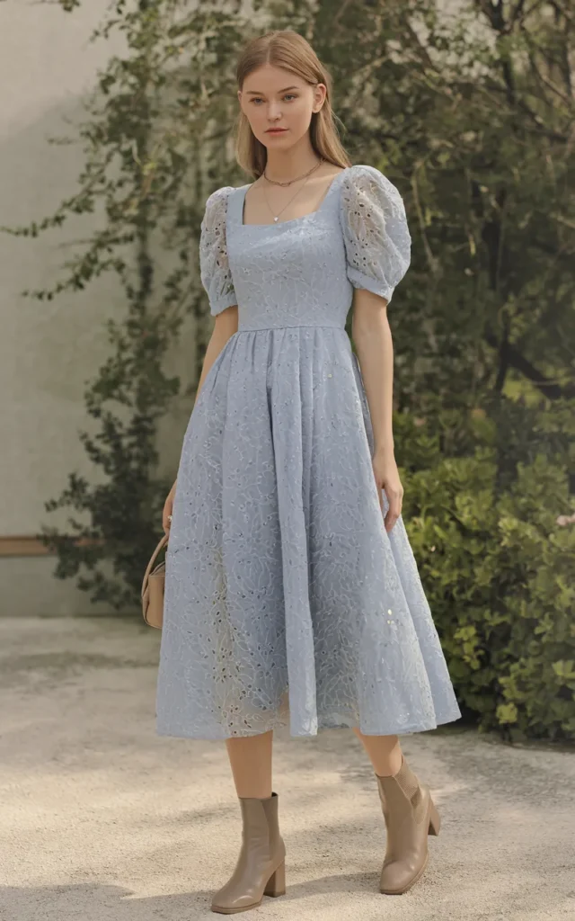 Style a puff-sleeve dress with ankle boots