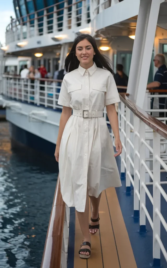 Style a shirt dress with a belt and sandals