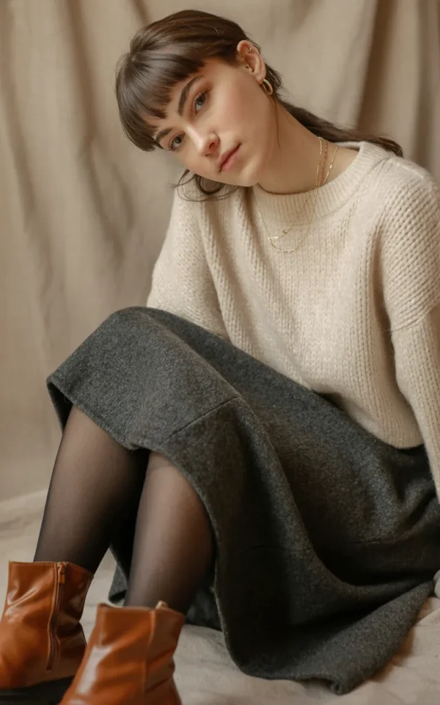 Style a wool skirt with a chunky sweater and tights