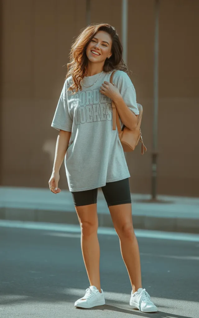 Style an oversized tee with biker shorts