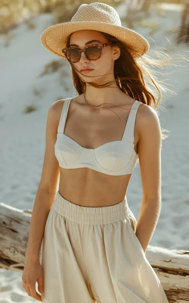Wear a bikini top with high-waisted linen pants