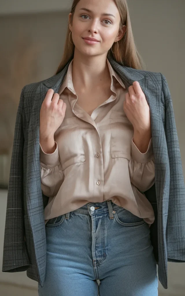 Wear a blazer with a silk blouse and jeans
