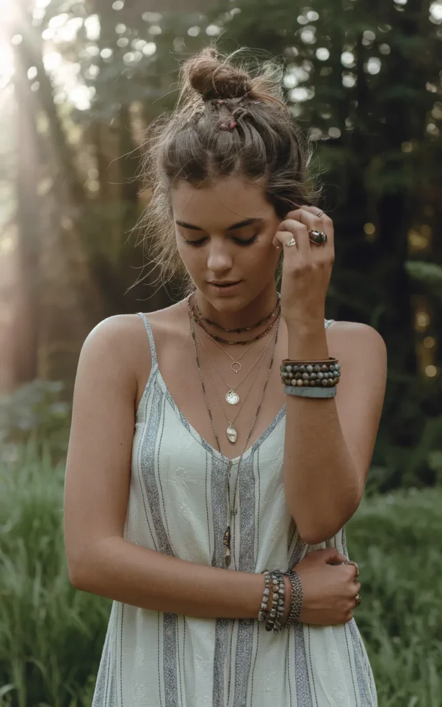 Wear a boho maxi dress with layered jewelry