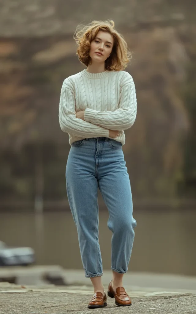 Wear a cable knit sweater with mom jeans and loafers