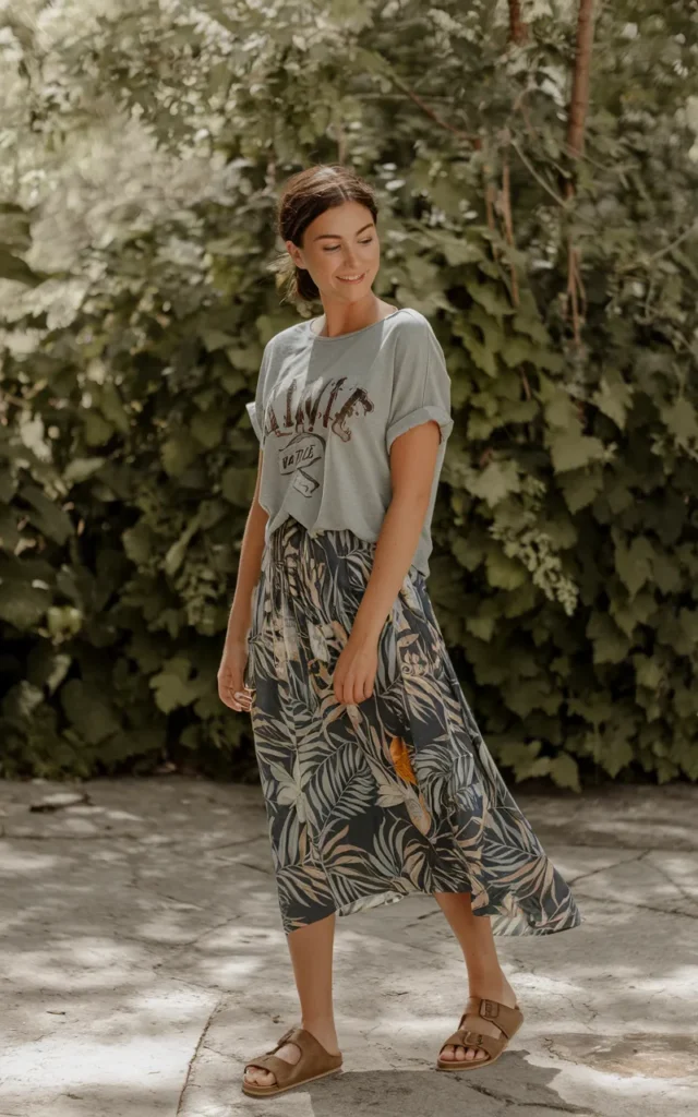 Wear a graphic tee with a tropical skirt