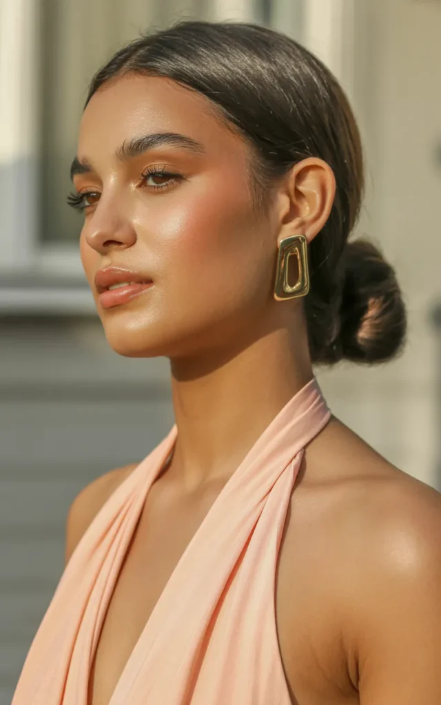 Wear a halter-neck dress with statement earrings