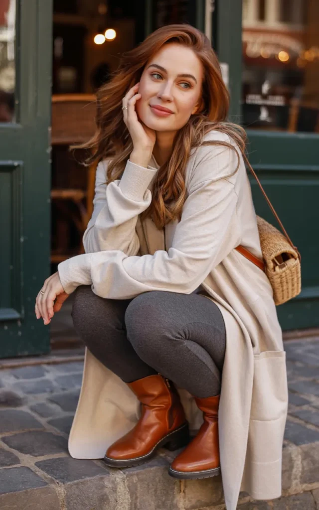 Wear a long cardigan with leggings and ankle boots