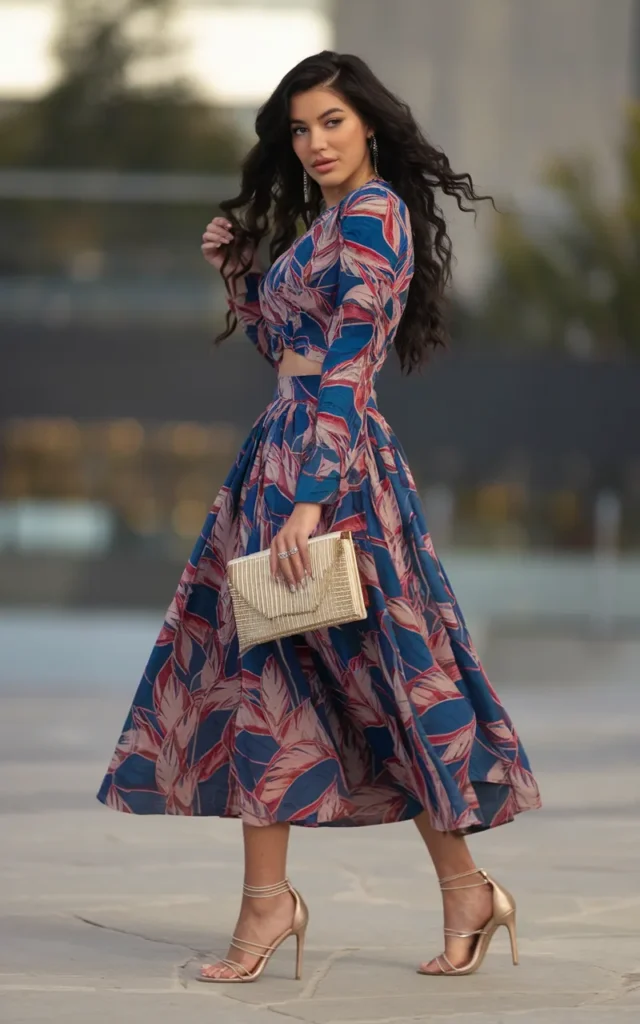 Wear a matching skirt set with strappy heels