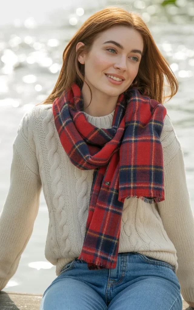 Wear a plaid scarf with a neutral sweater and denim
