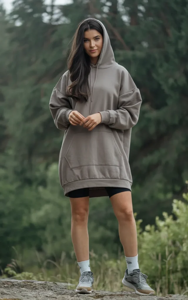 Combine a hoodie dress with cycling shorts