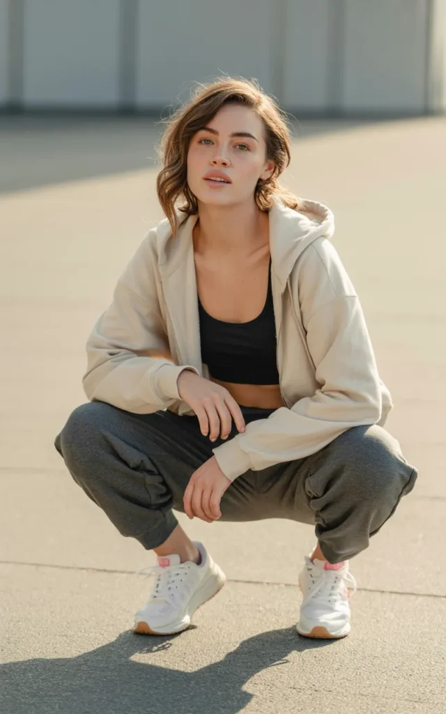 Combine joggers with a cropped hoodie and sports bra