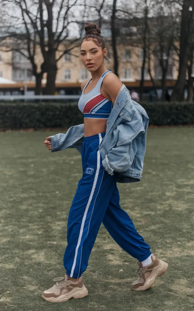 Mix a sports bra with track pants and a denim jacket