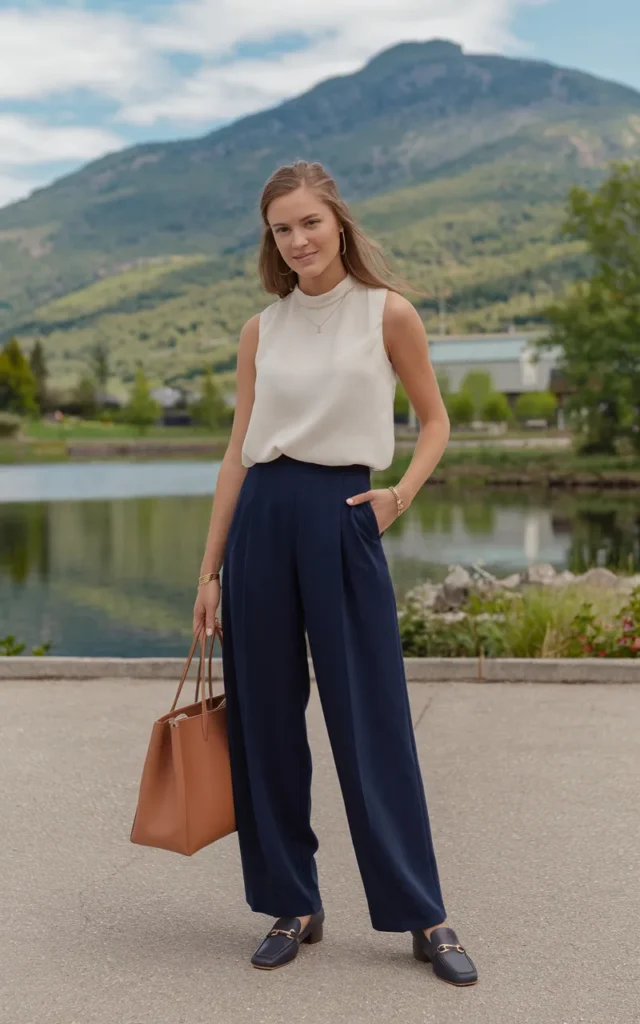 Build a chic office outfit with a sleeveless blouse and trousers.