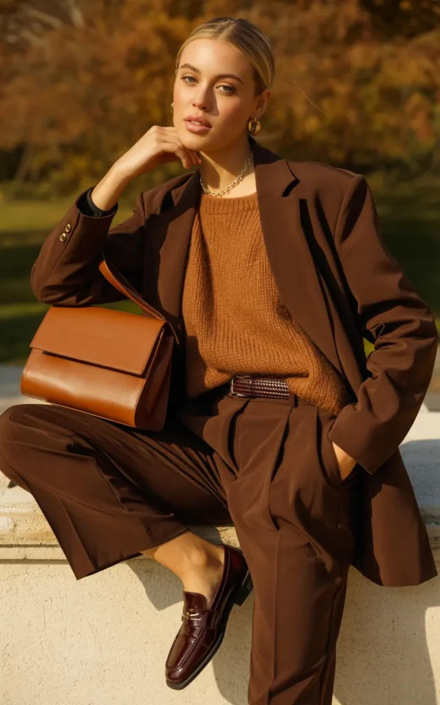 Build a monochromatic chocolate-brown outfit.
