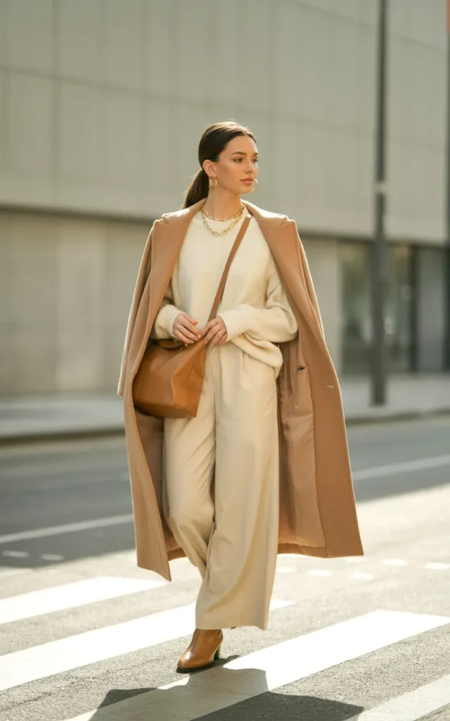 Build a monochrome cream outfit.